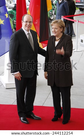 FEBRUARY 27, 2008 - BERLIN: Prince Albert II. of Monaco and German Chancellor Angela Merkel at a state visit of the count of M onaco in the Chanclery in Berlin.