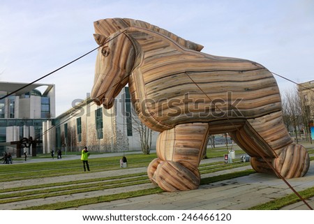 JANUARY 17, 2015 - BERLIN: Trojan Horse - protests against the EU-USA free trade agreement (TTIP), Chanclery, Berlin.