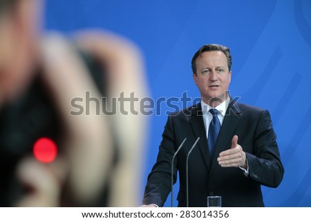 MAY 29, 2015 - BERLIN: British Prime Minister David Cameron at a press conference after a meeting with the German Chancellor in the Federal Chancellery in Berlin.