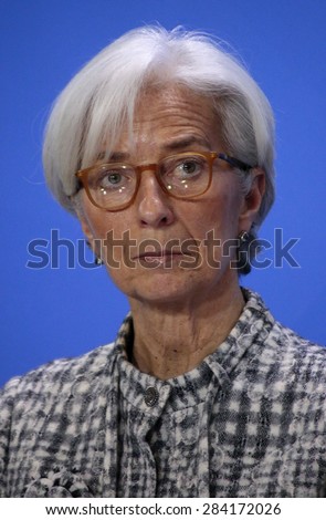 BERLIN, GERMANY - MARCH 11, 2015: Managing Director of the International Monetary Fund (IMF), Christine Lagarde at a press conference after a meeting in the Chanclery, Berlin.