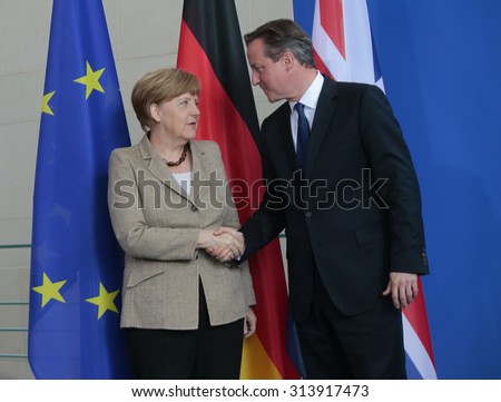 BERLIN, GERMANY - MAY 29, 2015: German Chancellor Angela Merkel, British Prime Minister David Cameron at a press conference after a meeting in the Federal Chancellery in Berlin.