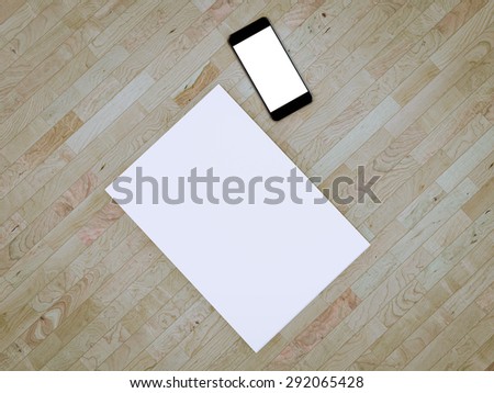 Blank stationery set on wood background / a4 paper, phone and pen. Business mockup
