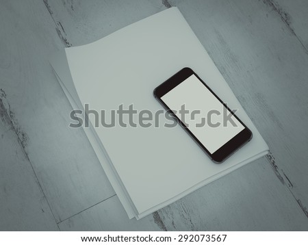 Blank stationery set on wood background paper, phone, sheets and pen. Business mockup template identity