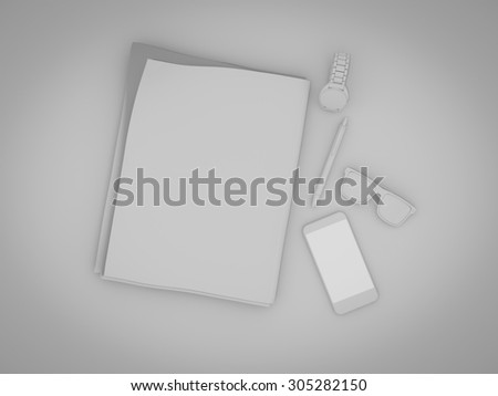 Blank stationery set on wood background paper, watch, phone, sheets and pen. Business mockup template identity