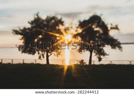 Blur panorama last rays sunsetsin green trees. Abstract sunset with de focused lights. No focused colorful sunset background, abstract nature.