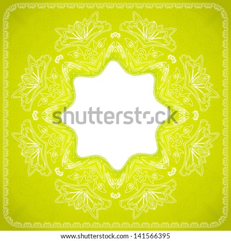 Green Vintage ethnic ornament mandala background with label. Vector copy also exists