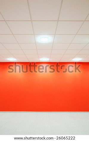 White ceiling, red wall and white floor.