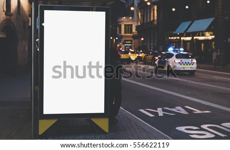 Blank advertising light box on bus stop, mockup of empty ad billboard on night bus station, template banner on background city street for poster or sign, afisha board and headlights of taxi cars