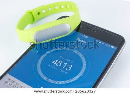 BANGKOK, THAILAND - JUNE 9, 2015:Photo of Xiaomi Mi Band And iPhone 6 Plus Open Mi App Steps Tracking on white background, activity steps tracking 30 days battery manufactured by Xiaomi (China)