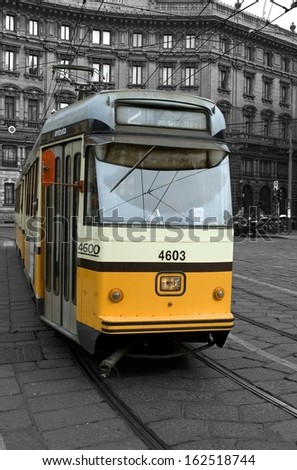 MILAN-APRIL 4 : Tram in the city of Milan, one of the most popular way of trasportation in the city, on 4 April, 2013.