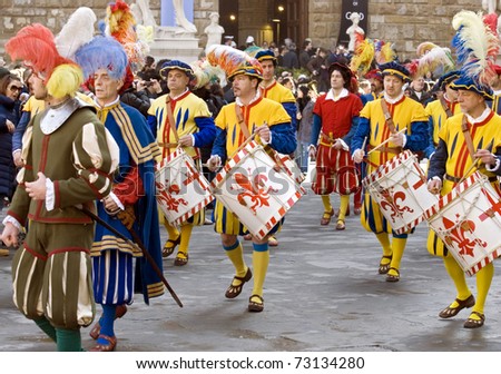 FLORENCE - MARCH 6. Participants of the Celebration of the birthday of Michelangelo Buonarroti, born March 6, 1475, on March 6, 2011 in Florence, Italy. A moment of the procession of the historical band of the Florentine Republic
