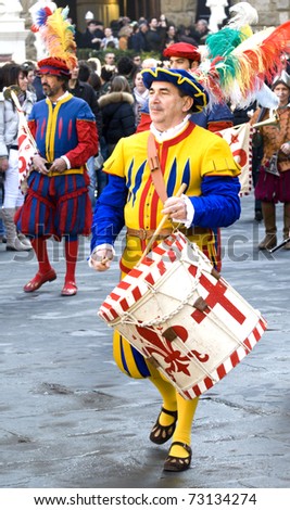 FLORENCE - MARCH 6. A participant of the Celebration of the birthday of Michelangelo Buonarroti, born March 6, 1475, on March 6, 2011 in Florence, Italy. A moment of the procession of the historical band of the Florentine Republic