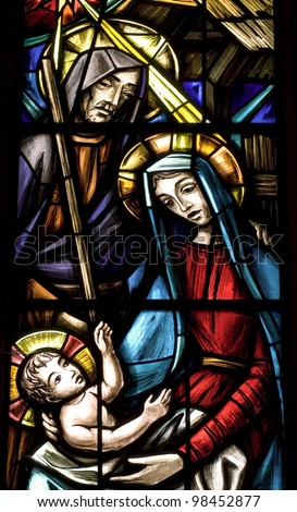 Birth of Jesus. Ancient stained glass