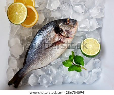 Sea bream i the box with ice lemon lime and mint ready to cook