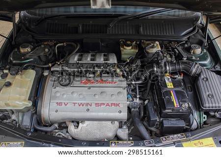 BANGKOK, THAILAND - JULY 21,2015: Alfa Romeo 155. Display engine, 16V Twin spark engine. vintage car.