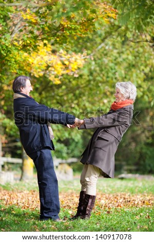 Happy senior couple holding hands in the park