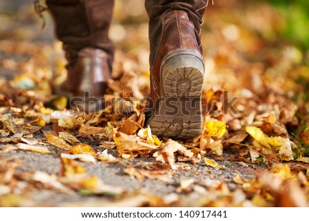 Woman Walking On A Street Full Of Dead Leaves During Autumn