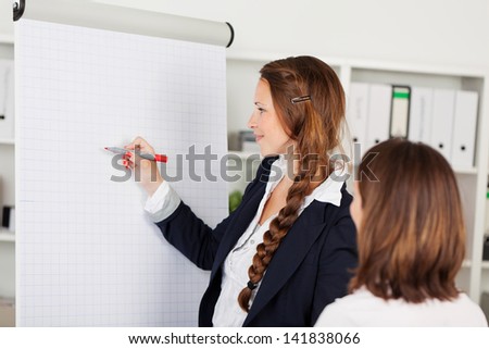 Attractive young competent businesswoman using a blank flip chart for a presentation watched by a female colleague