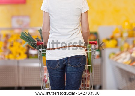 Rear view of young woman pushing shopping cart in grocery store