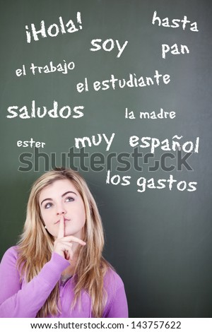 Thoughtful teenage girl with finger on lips looking up against Spanish words written on blackboard