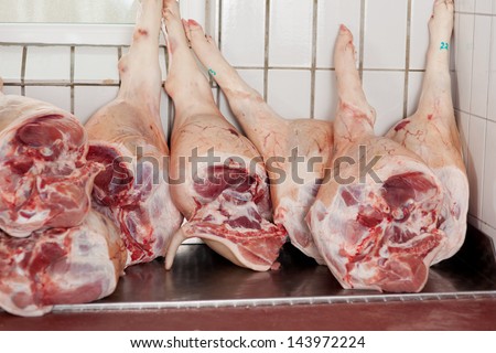 Closeup of pork legs displayed in butcher\'s shop