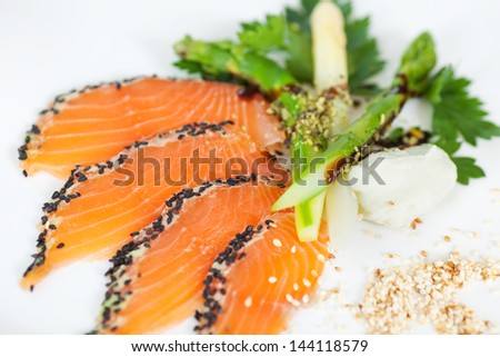 smoked salmon with wasabi at fish restaurant