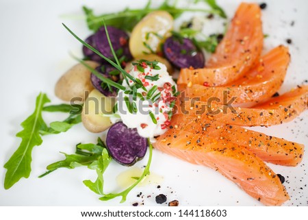 top view of a salmon dish at fish restaurant