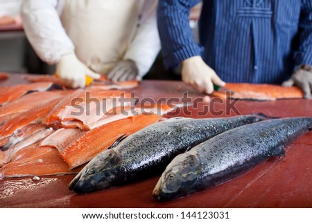 two men cutting salmon in fish industry
