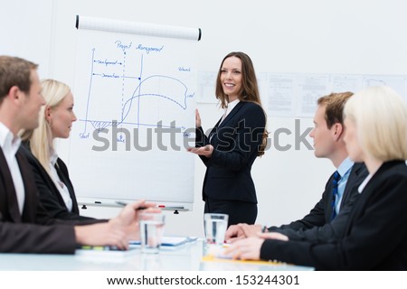 Attractive Young Female Team Leader Discussing An Innovative Design Standing At A Flipchart Giving A Presentation To Her Team