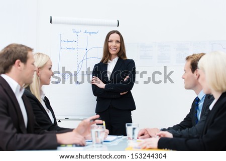 Successful confident young businesswoman giving a presentation standing with folded arms in front of a flipchart facing her colleagues