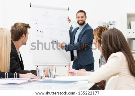 Businessman giving a presentation to his colleagues at work standing in front of a flipchart with notes and diagrams Businessman giving a presentation to his colleagues at work standing in front of a flipchart with notes and diagrams