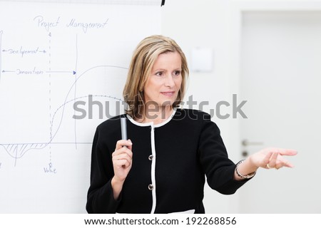 Attractive middle-aged businesswoman giving a presentation or in house training session gesturing with her hand to invite questions from the audience
