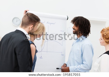 Trendy modern Afro-American standing with his co-workers in front of a flip chart smiling as he discusses the charts with them