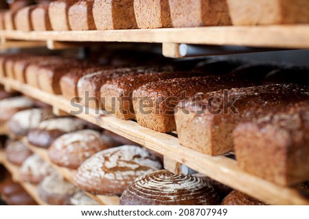 Variety of tasty breads displayed on shelves in bakery