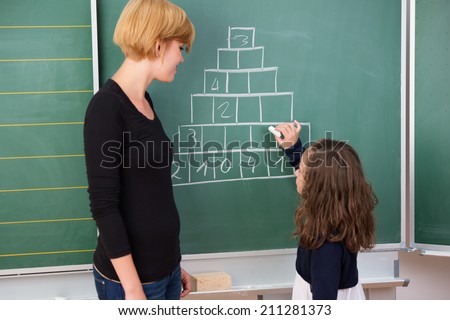 Little girl in mathematics class standing completing a chart on the blackboard watched by a smiling young female teacher