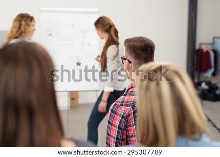 Rear View of Young Subordinates Listening to Someone Explaining Some Business Matters Using Illustrations.