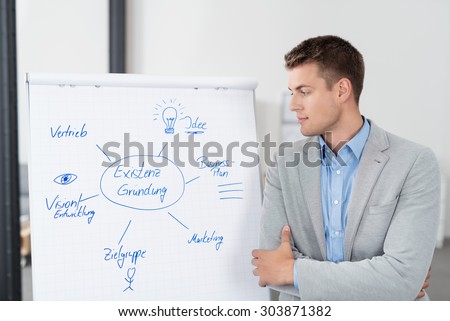 Handsome Young Businessman Looking at his Personal Diagram on White Poster Seriously Inside the Office.