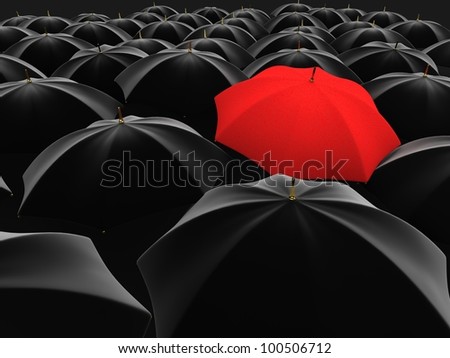 3d illustration of a red umbrella in the middle of several black umbrellas