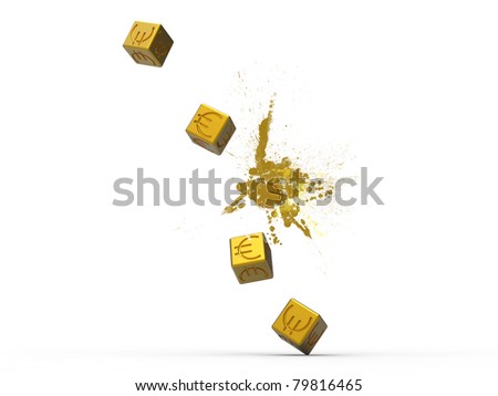 3d illustration of golden euro dice exploding on white background