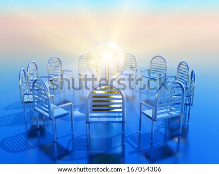 a circle of empty chairs,light-bulb in the meddle