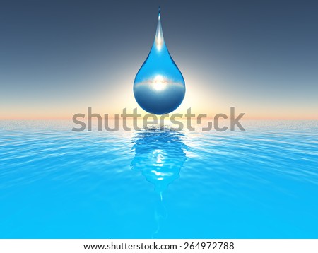 a drop over water over the sea on sunset background