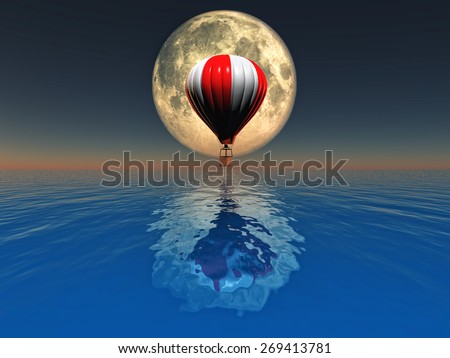 hot air balloon over the sea on full moon background (Elements of this image furnished by NASA )