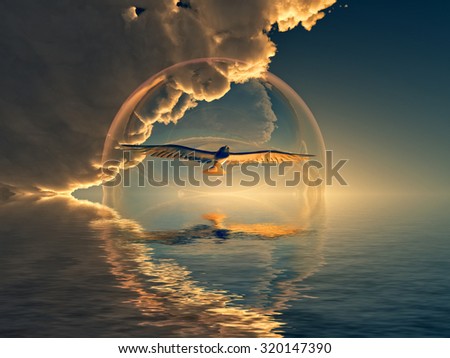 imaginary and fantastic world, a bird inside  a bubble flying over the sea