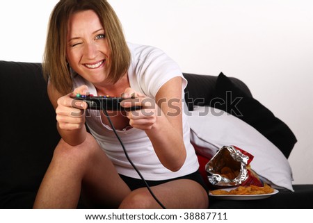 young woman play with game console
