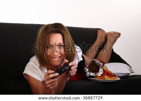 young woman play with game console