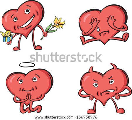 Vector illustration of hearts with various emotions. Easy-edit layered vector EPS10 file scalable to any size without quality loss. High resolution raster JPG file is included.