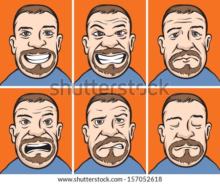 Vector illustration of bearded man faces with various emotions. Easy-edit layered vector EPS10 file scalable to any size without quality loss. High resolution raster JPG file is included.