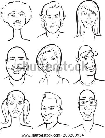 whiteboard drawing - smiling people faces collection