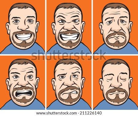 Bearded man faces with various emotions