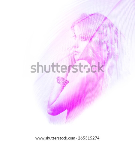Double Exposure Portrait of a Beautiful Woman with Purple Feather Background. Trendy Creative Photo Technique.